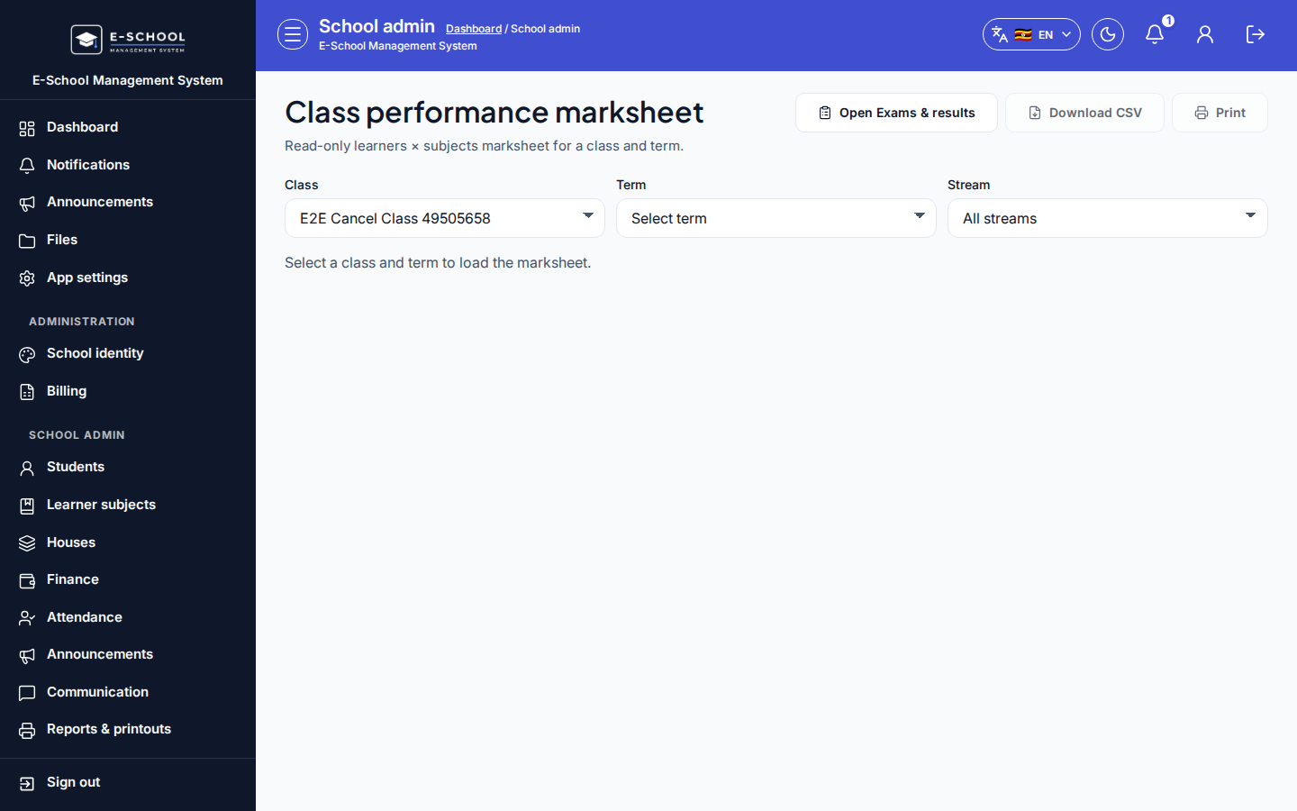 Class performance marksheet desktop
