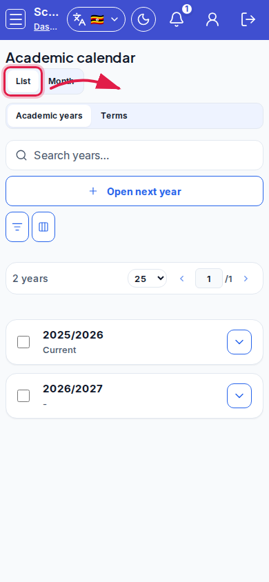 Academic calendar step 2 mobile