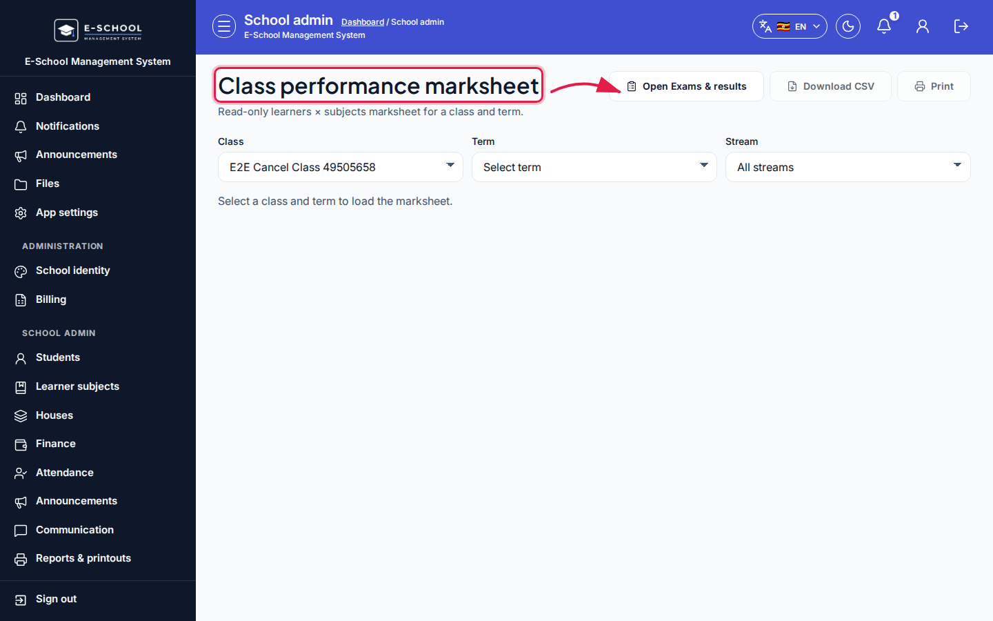Class performance marksheet step 1 desktop