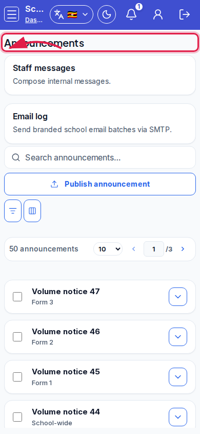 Announcements step 1 mobile