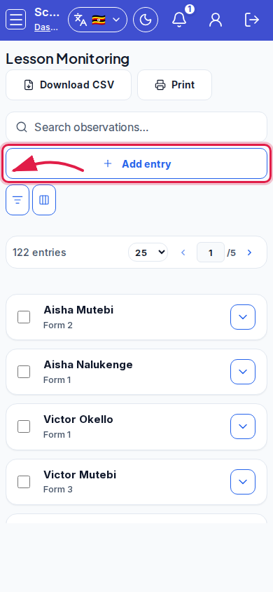 Lesson Monitoring step 2 mobile