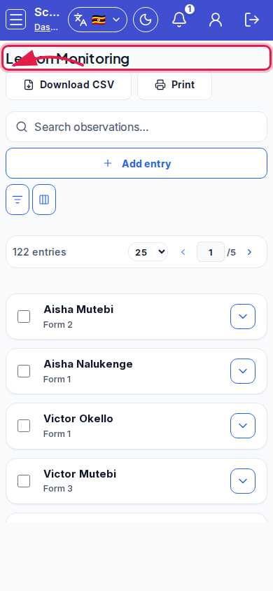 Lesson Monitoring step 5 mobile