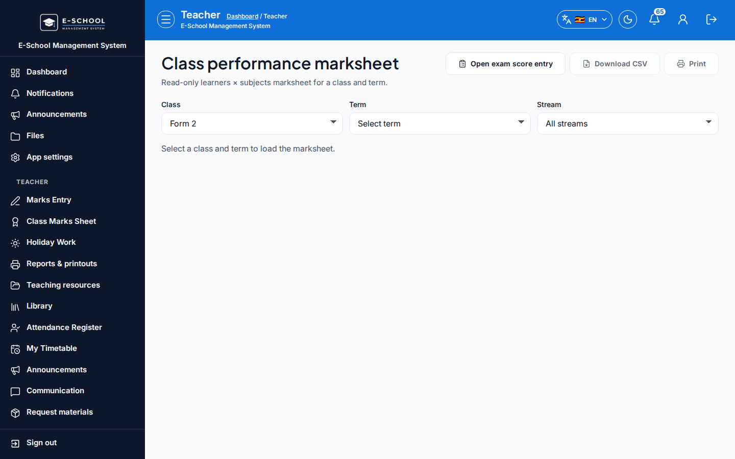 Class performance marksheet desktop