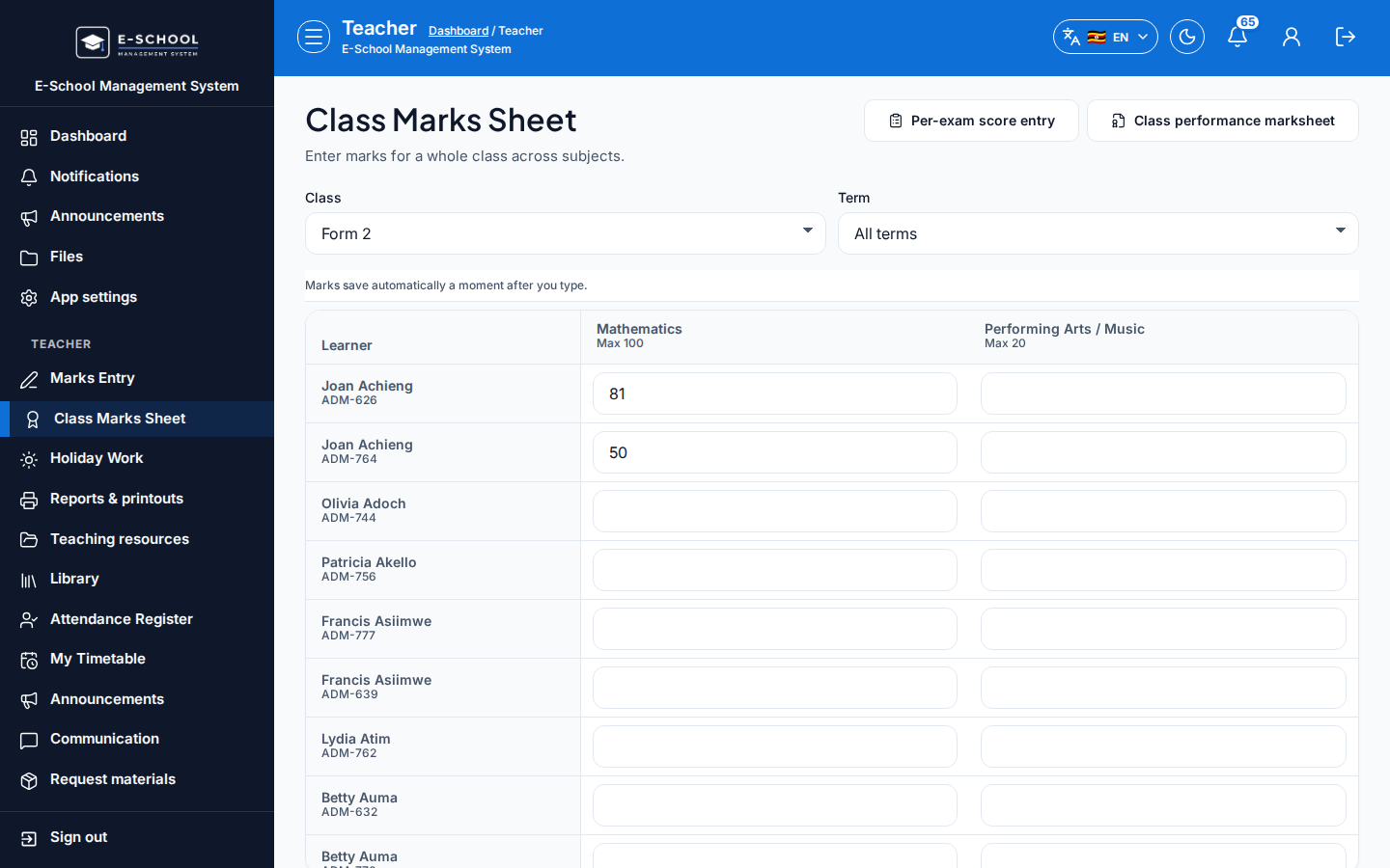 Class Marks Sheet desktop