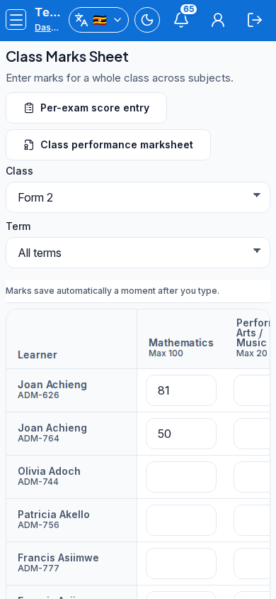 Class Marks Sheet mobile
