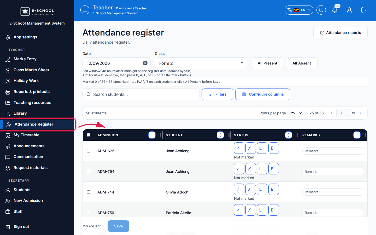 Attendance Register step 1 desktop