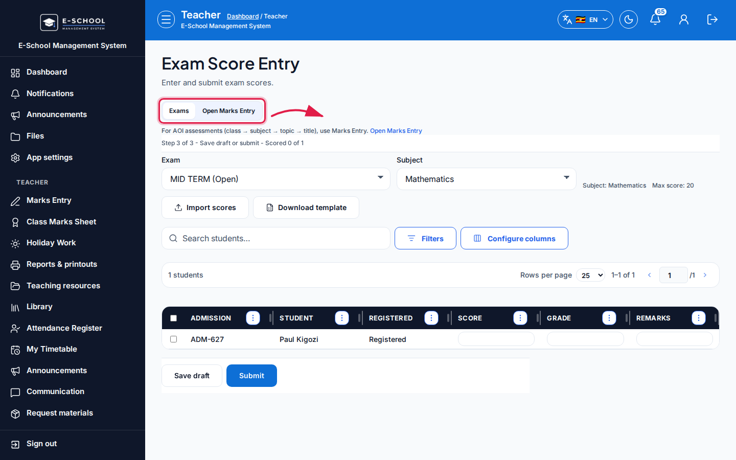 Exam Score Entry step 1 desktop