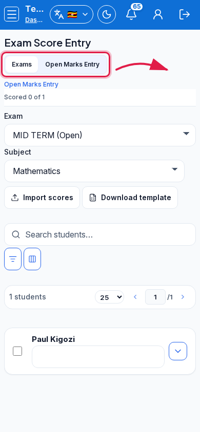 Exam Score Entry step 1 mobile