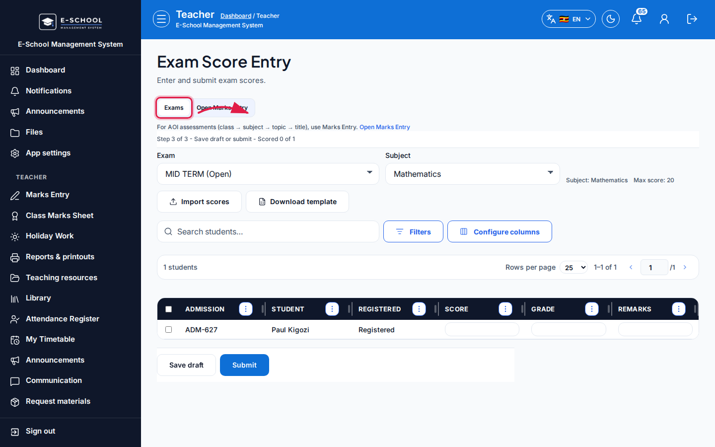 Exam Score Entry step 2 desktop
