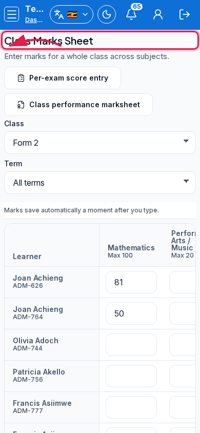 Class Marks Sheet step 1 mobile