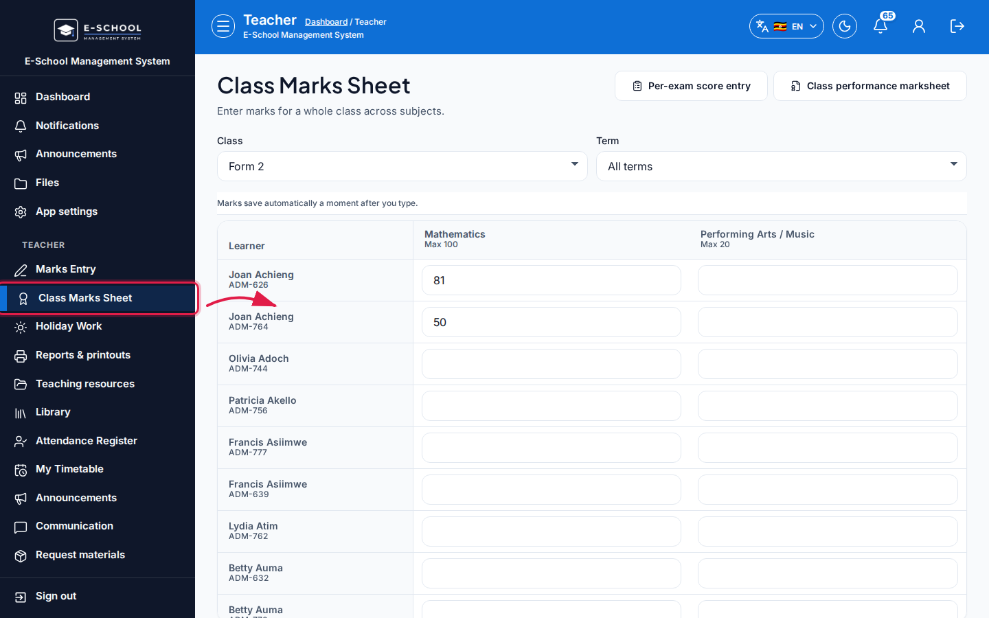 Class Marks Sheet step 2 desktop