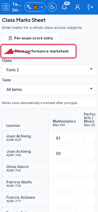 Class Marks Sheet step 2 mobile